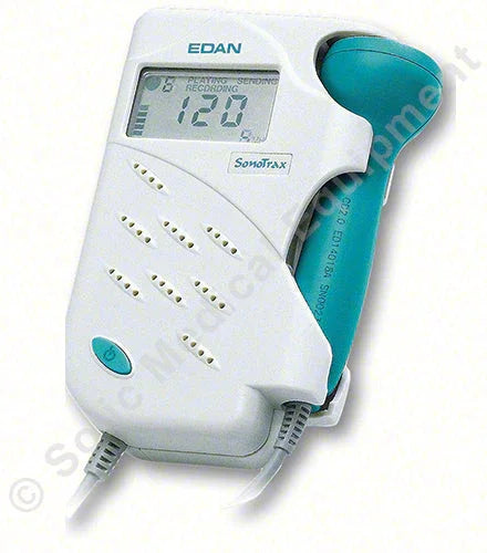 Portable medical fetal doppler with LCD display, white and teal, showing heart rate.