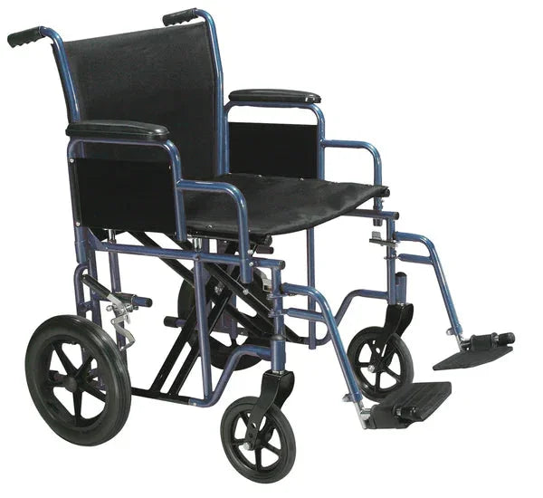 Lightweight transport wheelchair with black seat, armrests, and footrests