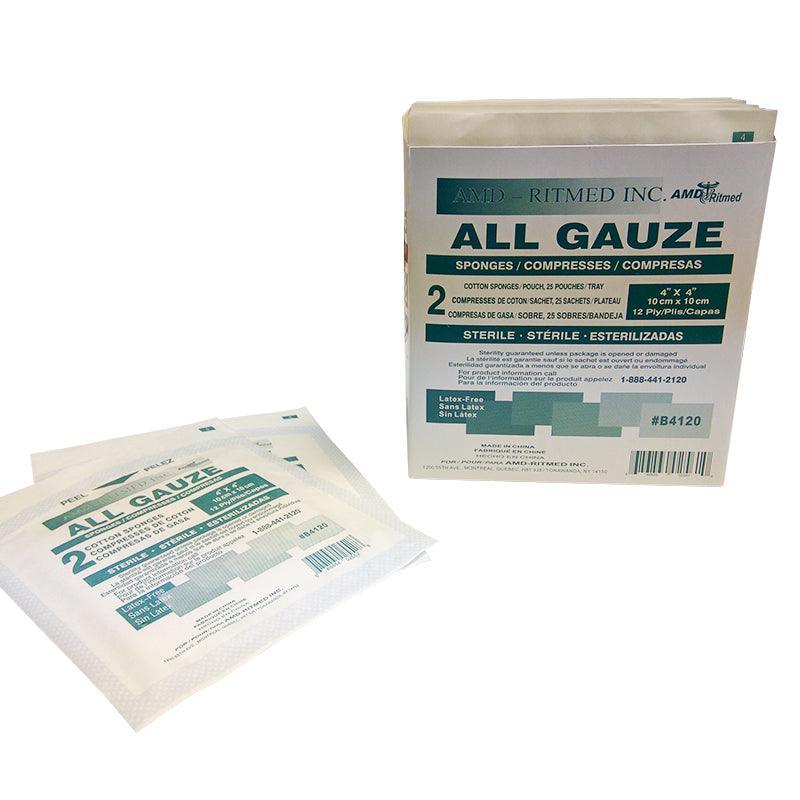 Sterile gauze sponges in individual packaging for wound care and medical use