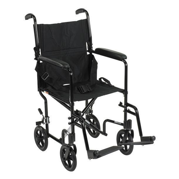Lightweight black transport wheelchair with armrests and footrests for home care
