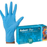 Blue nitrile examination glove on hand with Robust Plus gloves box, 100 count, latex free