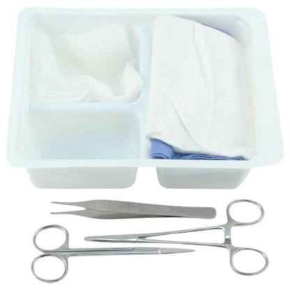 Sterile medical dressing kit with gauze, forceps, and scissors in a plastic tray