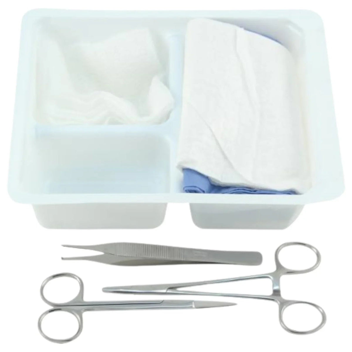 Sterile medical dressing kit with gauze, forceps, scissors, and tray for wound care