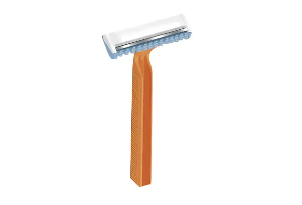 Single-use disposable razor with an orange handle and silver blade for personal care