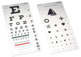 Two eye test charts with letters and symbols for vision testing, medical supply product.