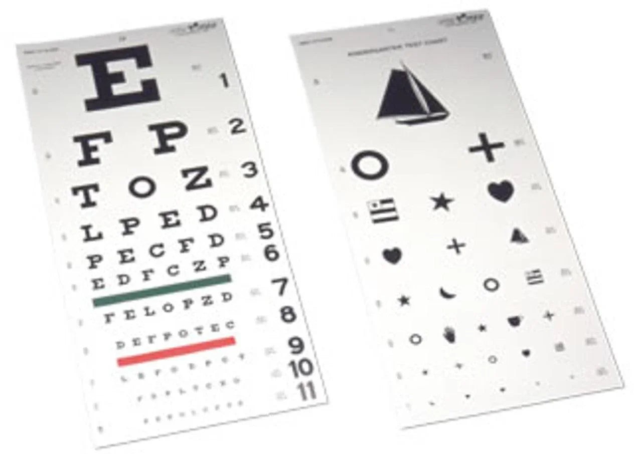 Two eye test charts with letters and symbols for vision testing, medical supply product.