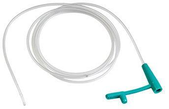 Medical suction catheter with transparent tubing and green control handle, used for respiratory care