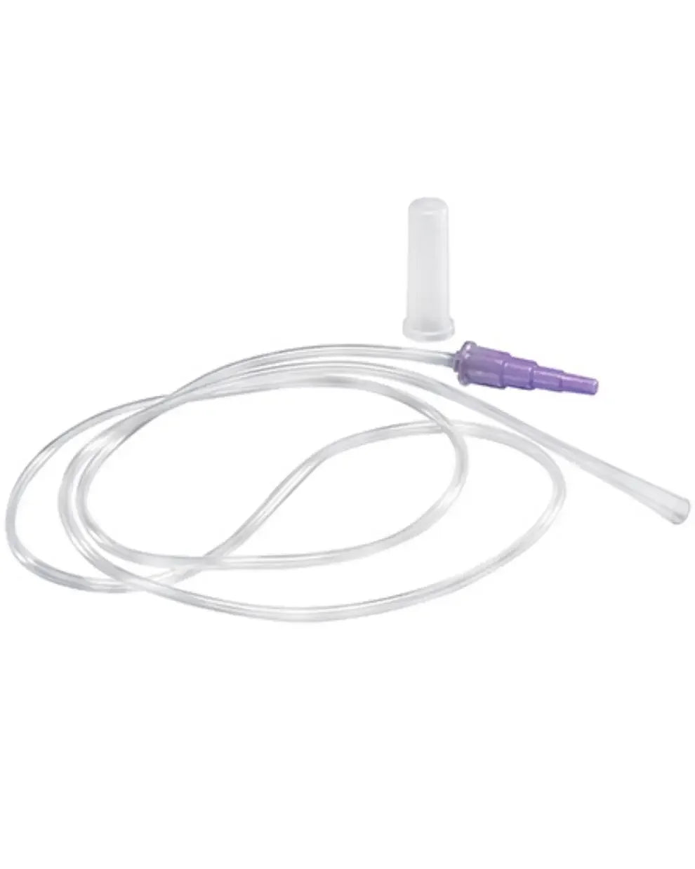 Clear medical extension tube with purple connector and white cap on white background