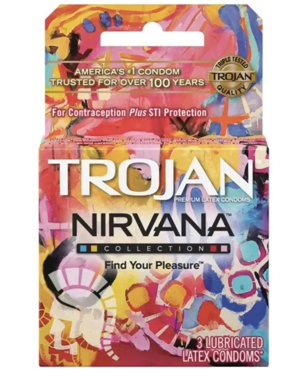 Trojan Nirvana condoms 3-pack with colorful abstract packaging, premium latex, STI protection