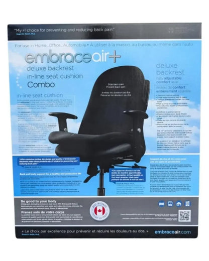 EmbraceAir Plus deluxe backrest and seat cushion combo packaging, ergonomic chair support for back pain prevention.