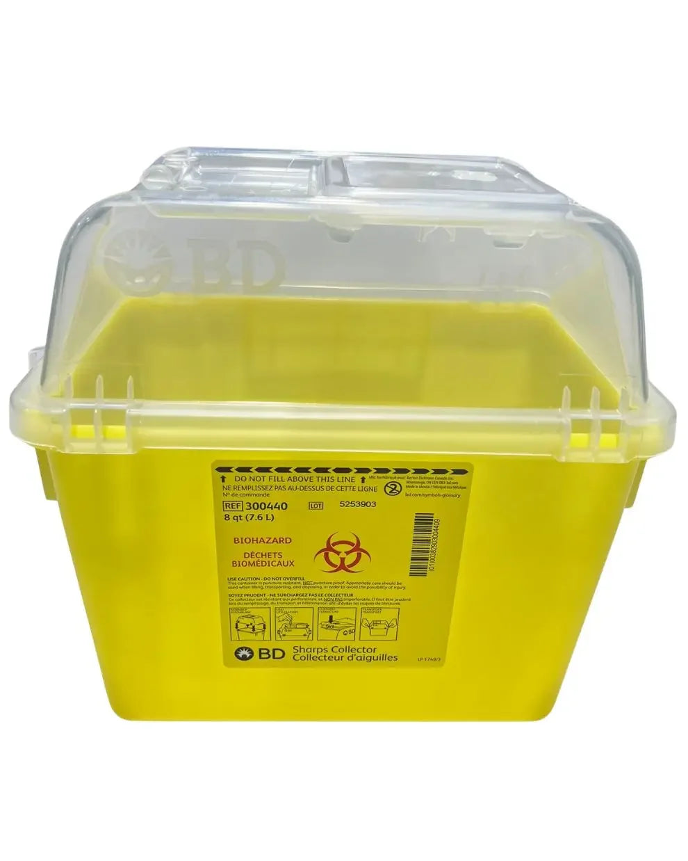 Yellow sharps container with clear lid for safe needle and biohazard waste disposal