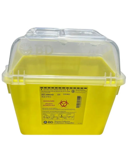 Yellow biohazard sharps container with clear lid for safe needle and medical waste disposal