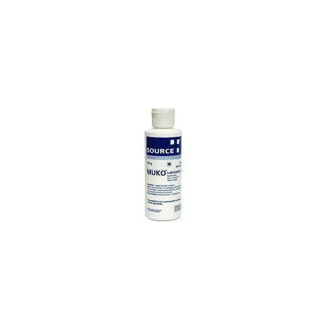 Source Muko lubricant gel 100g medical supply bottle with blue and white label