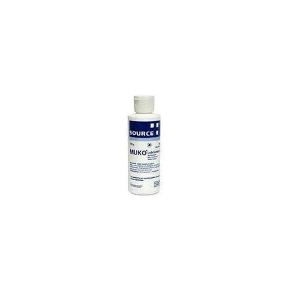 Source Muko lubricant gel bottle, clear medical supply product on white background