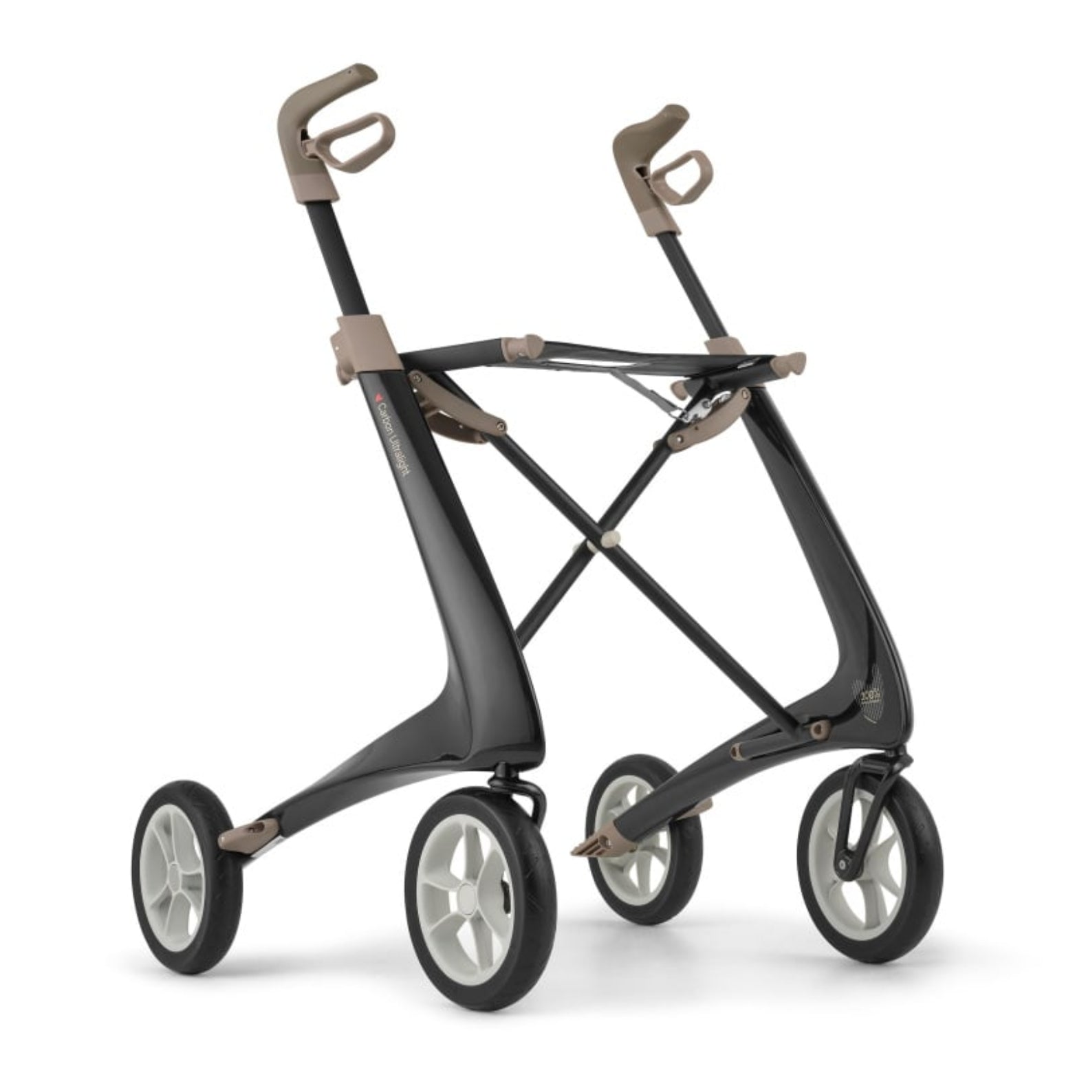 Lightweight black four-wheel rollator walker with ergonomic handles for mobility support