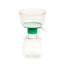 Glass vacuum filtration unit with funnel, green filter, and collection flask for laboratory use