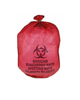 Red biohazard waste bag labeled for infectious and biohazardous medical waste disposal