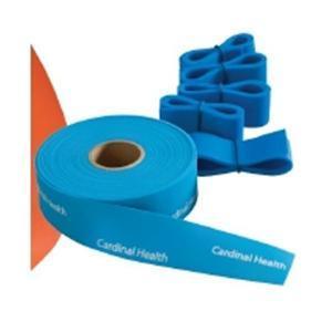 Blue medical tourniquet roll with Cardinal Health label, unrolled and folded strips
