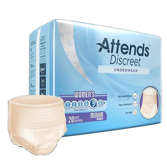 Attends Discreet women's medium absorbency protective underwear packaging with product sample