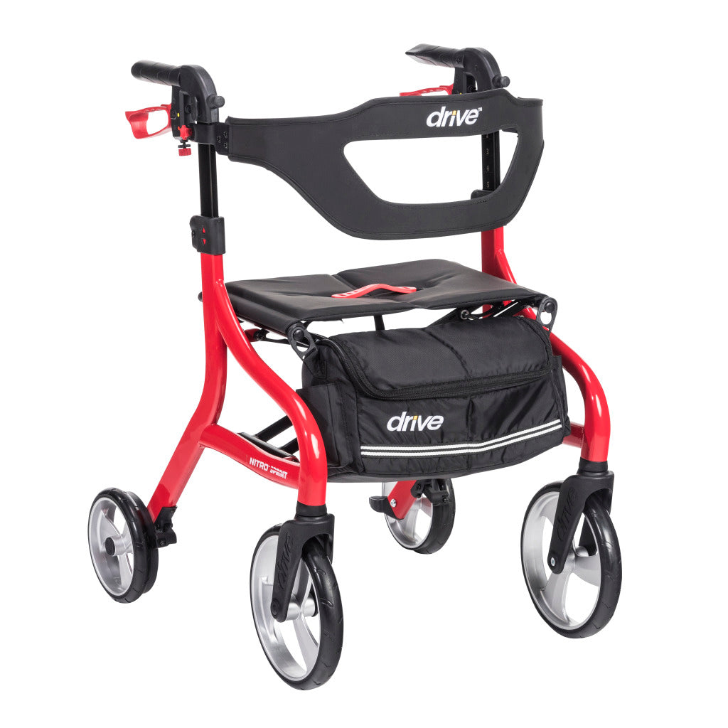 Red drive medical rollator walker with seat, storage bag, and large wheels for mobility support
