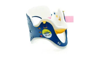 Medical cervical collar with blue and white design for neck support and immobilization