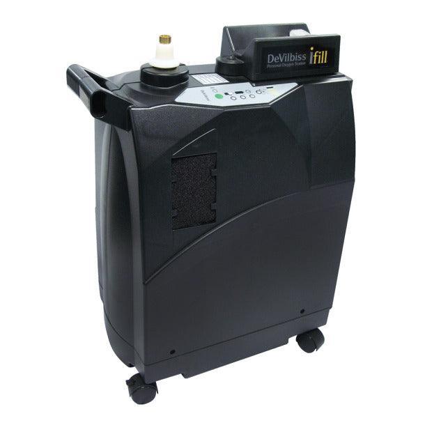 DeVilbiss iFill oxygen concentrator for home respiratory and medical care, black model on wheels
