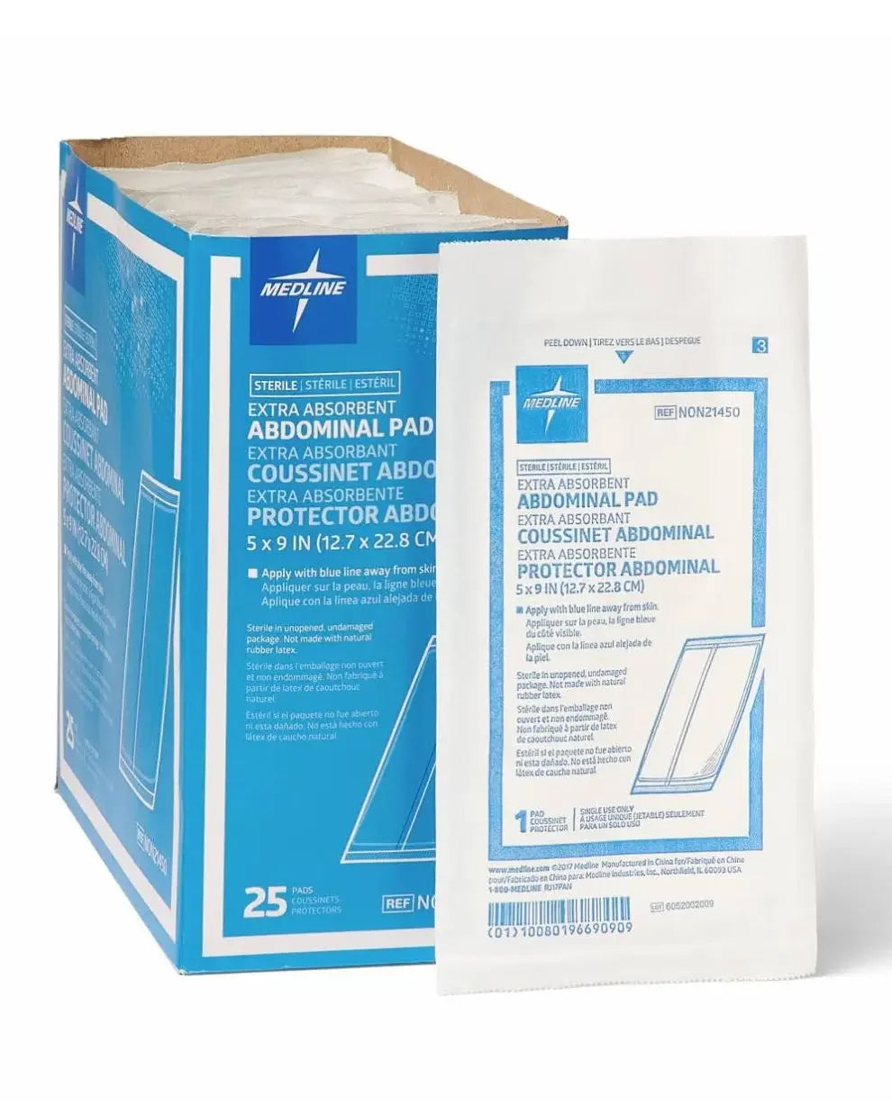 Box of sterile Medline extra absorbent abdominal pads, 5x9 inch, home care medical supply