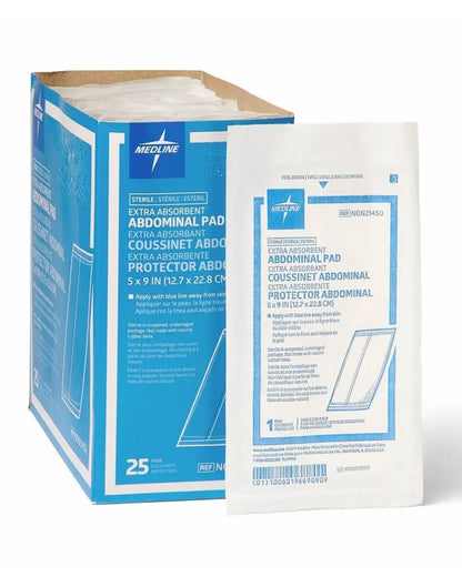 Box of sterile Medline extra absorbent abdominal pads, 5x9 inch, home care medical supply