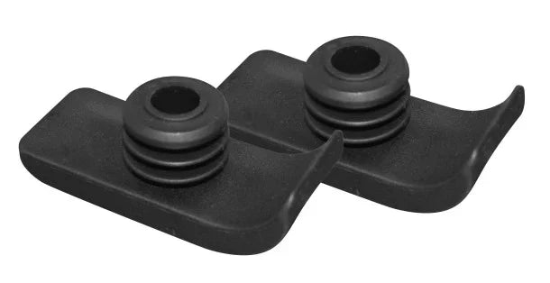 Pair of black rubber walker glide caps for mobility aids on white background