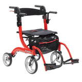 Red rollator walker with seat, large wheels, and storage basket for mobility assistance