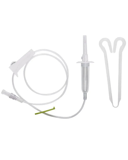 IV administration set with tubing, drip chamber, and flow regulator on white background