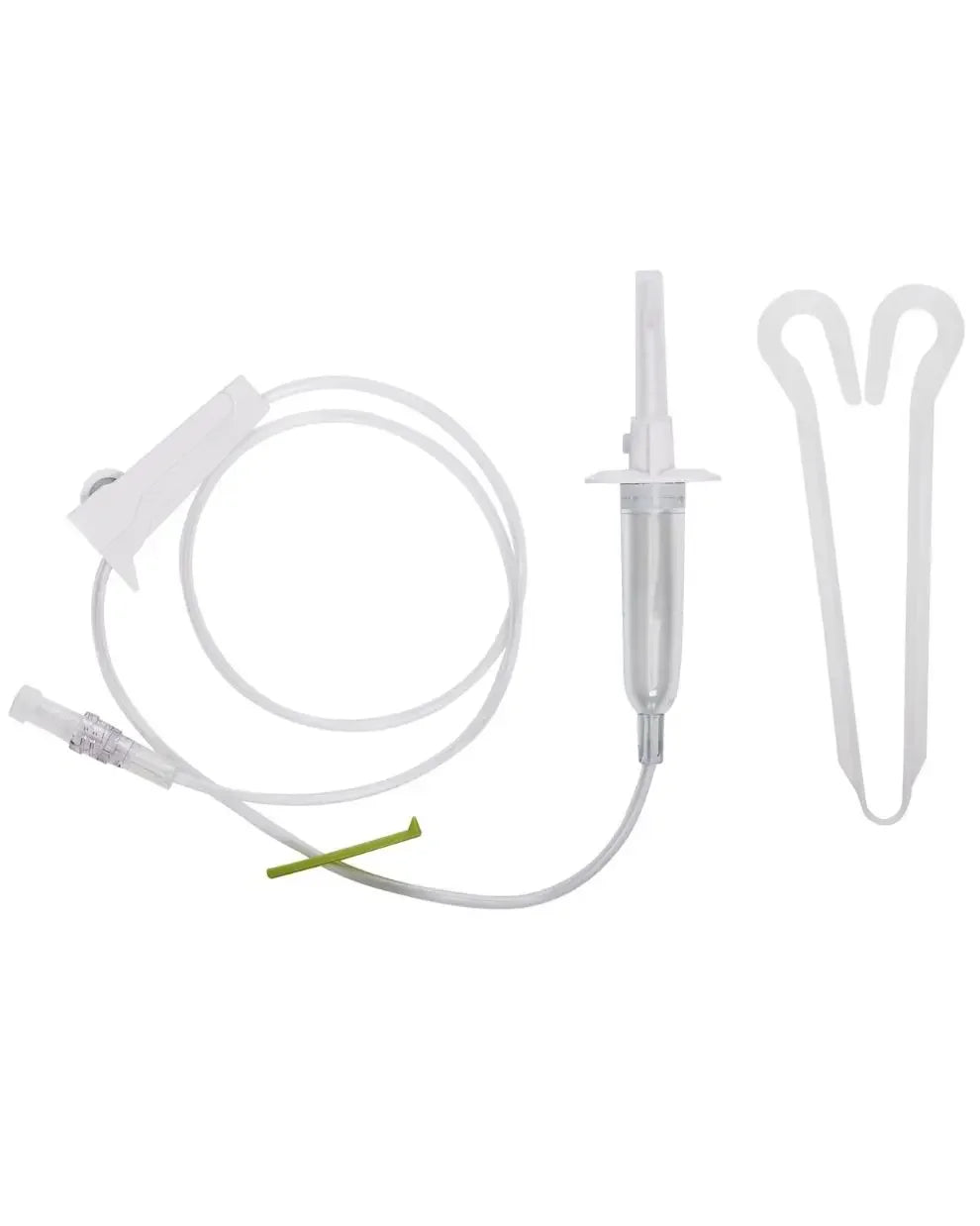 IV infusion set with tubing, drip chamber, spike, and flow regulator on white background