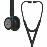 Black medical stethoscope with dual-head chest piece, close-up on tubing and earpieces.