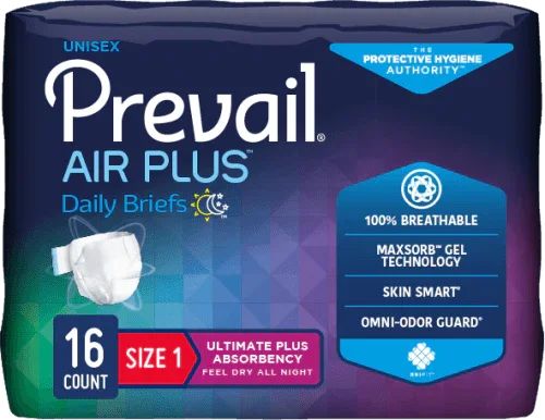 Prevail Air Plus Daily Briefs package, unisex incontinence briefs, 16 count, size 1, protective hygiene supplies