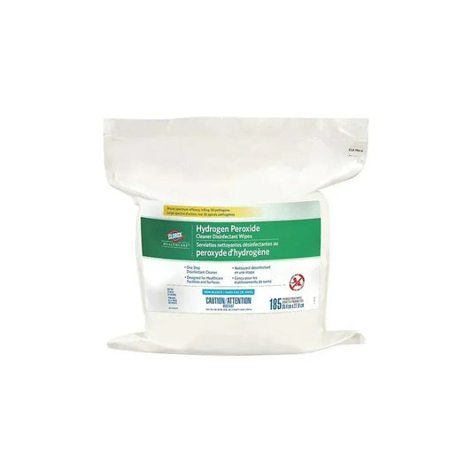 Clorox Healthcare hydrogen peroxide disinfectant wipes pack, 185 count, white background