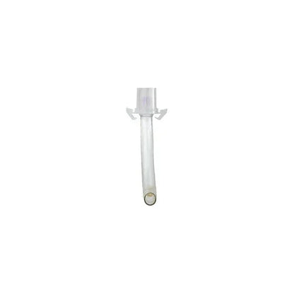Clear medical tracheostomy tube on white background, single-use respiratory supply