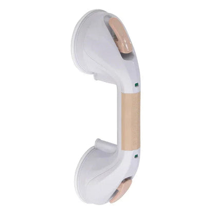White and beige suction cup grab bar for bathroom safety and mobility support