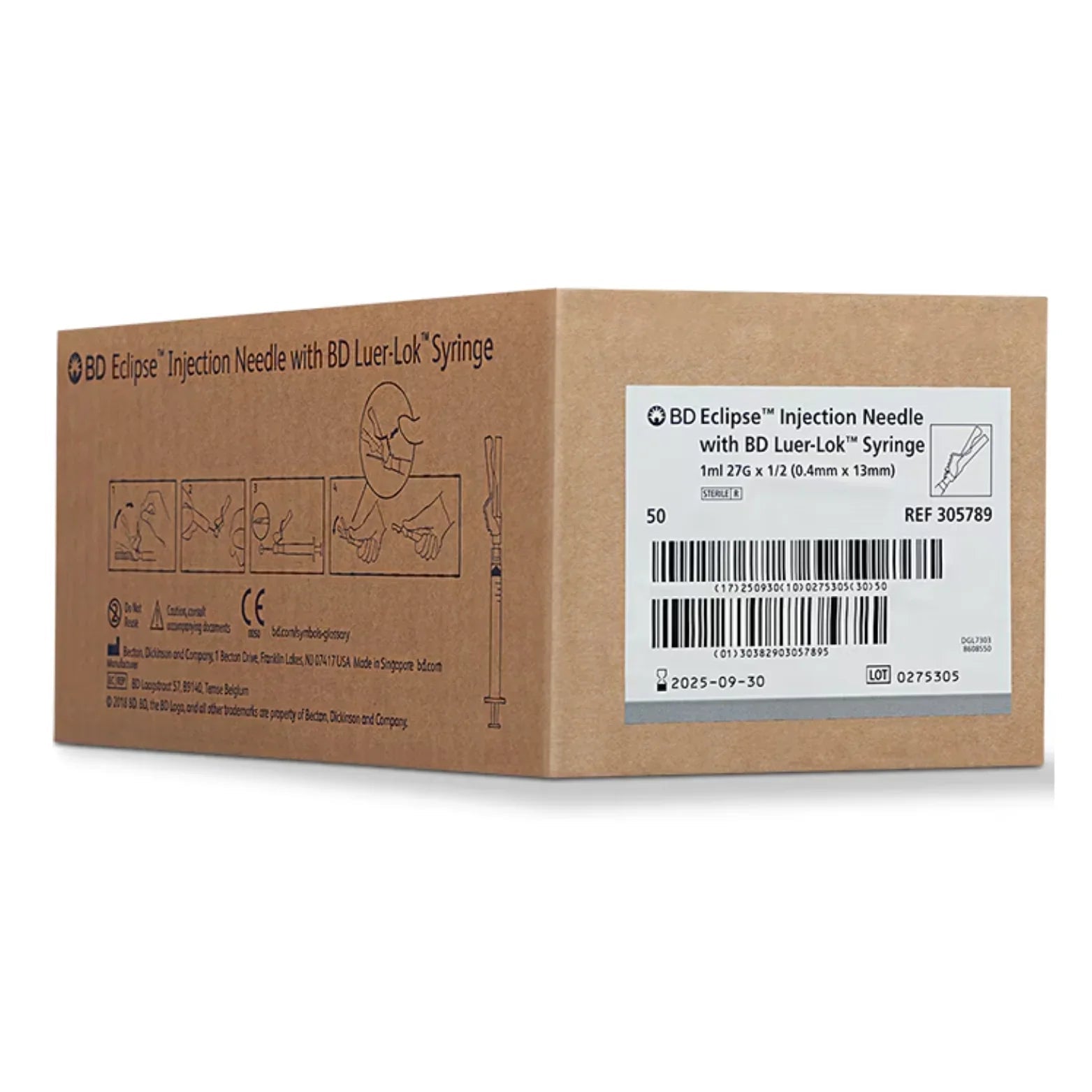 Box of BD Eclipse injection needle with BD Luer-Lok syringe 1ml, 27G, 0.4mm x 13mm, 50 count