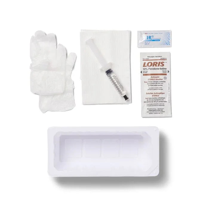 Sterile wound care kit with gloves, syringe, iodine swab, tray, and gauze pads