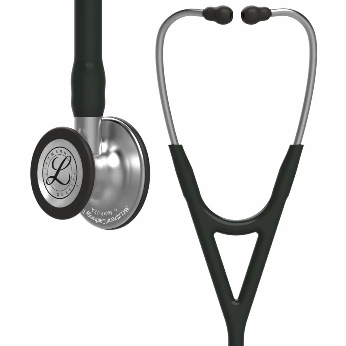 Cardiology stethoscope with black tubing and stainless steel chestpiece for medical use