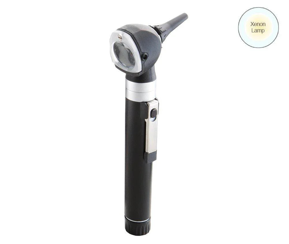 Handheld medical otoscope with xenon lamp for ear examination on white background
