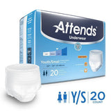 Attends Underwear Youth Small disposable incontinence underwear, 20 count pack, shown with product.