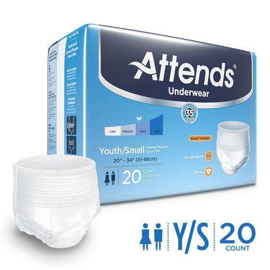 Attends Underwear Youth Small disposable incontinence underwear, 20 count pack, shown with product.