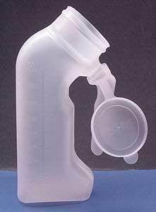 Transparent plastic portable urinal bottle with attached lid, used for home care or medical needs.