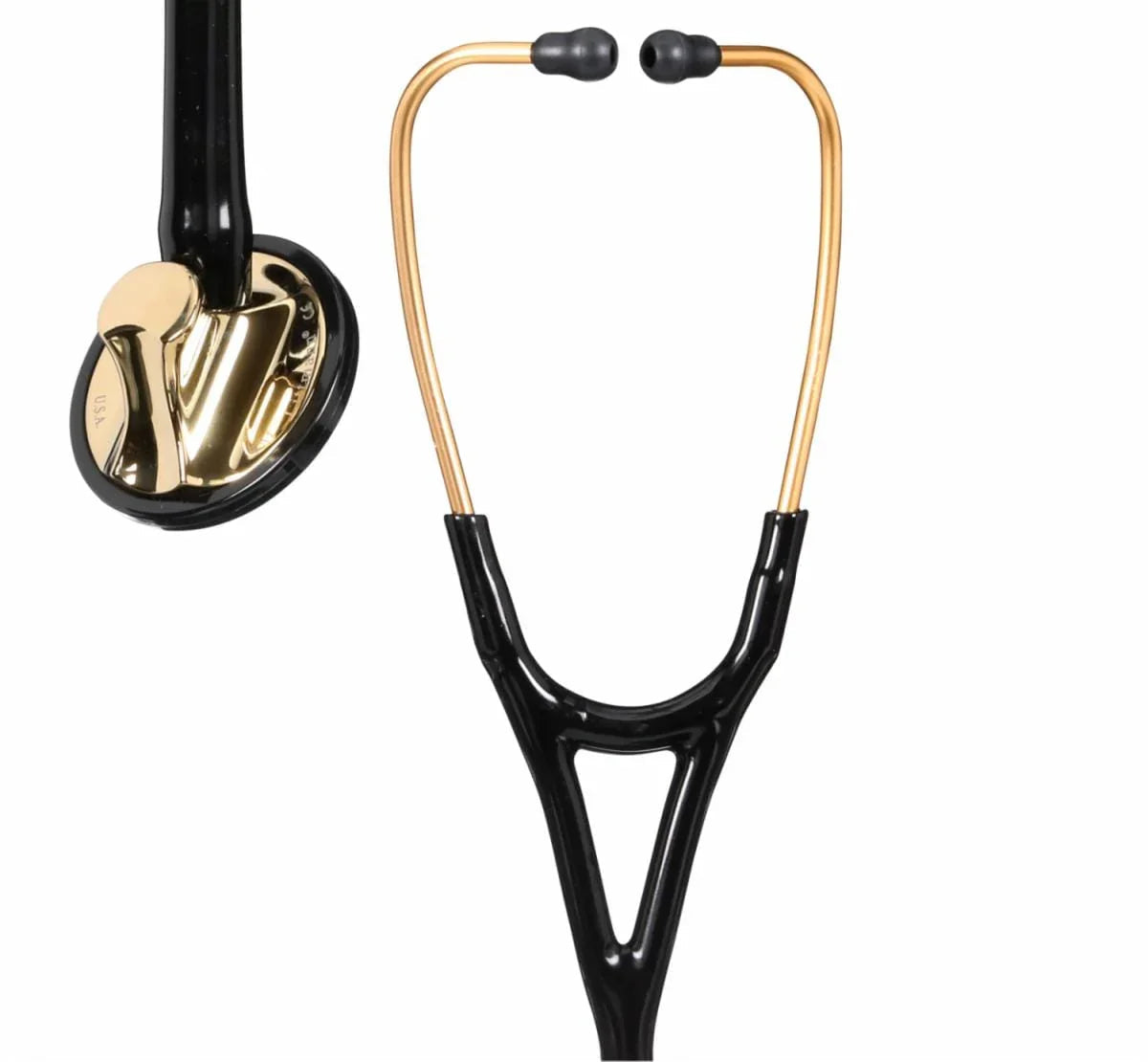 Gold and black stethoscope with dual head, medical diagnostic instrument