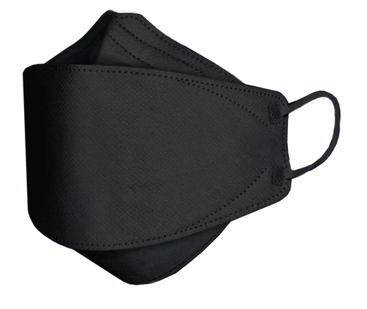 Stack of black KN95 face masks with ear loops for personal protection