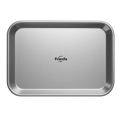 Stainless steel medical instrument tray with rounded corners and Frienfa logo