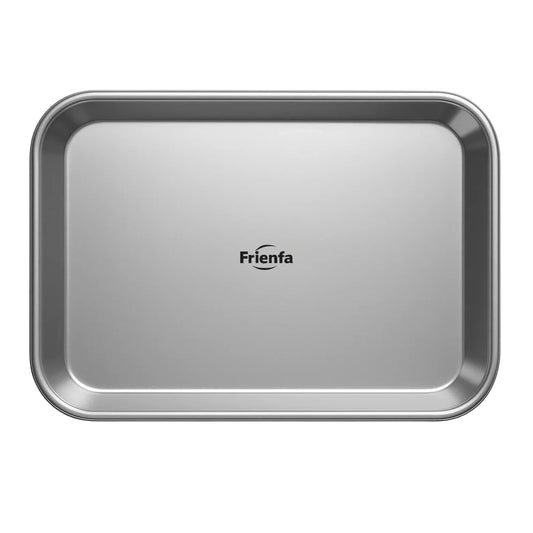 Stainless steel medical instrument tray with rounded corners and Frienfa logo