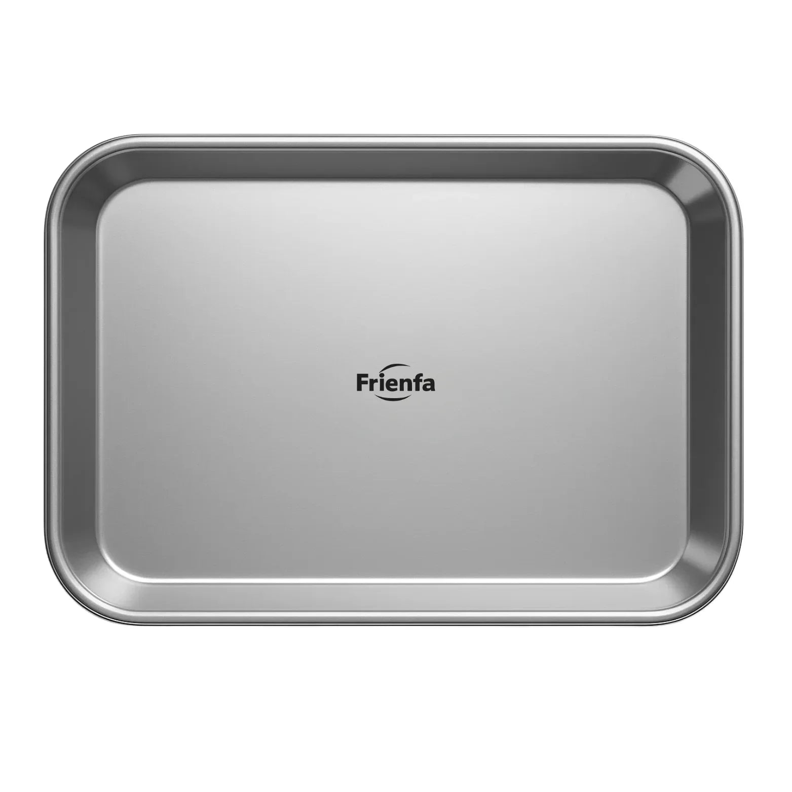 Stainless steel medical tray with raised edges and Frienfa logo, sterile instrument organizer
