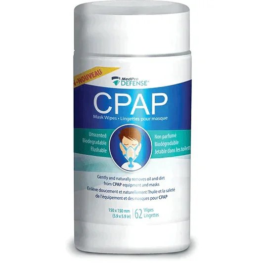 CPAP mask wipes container, unscented, biodegradable, flushable, for cleaning CPAP equipment